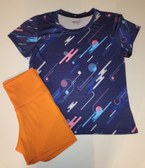 Orange/Slate Short and Dark Blue Multicolor Spandex top